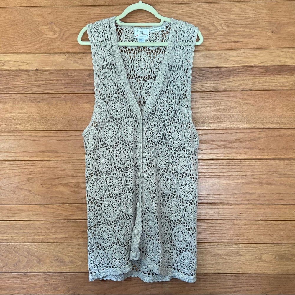 Vintage 90s SML Sport silk crochet doily longline button front sweater vest